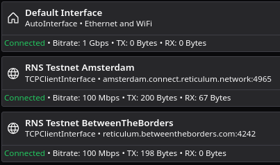 A screenshot of meshchat displaying online interfaces for Ethernet and wifi, RNS Testnet Amsterdam, and RNS Testnet BetweenTheBorders