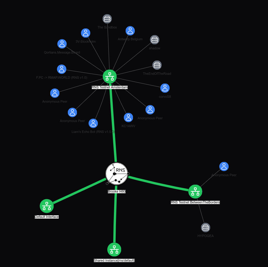 A screenshot of meshchat showing other devices on the testnet connected by gray lines, some devices have blue profile icons to denote users and some devices have a gray server icon.