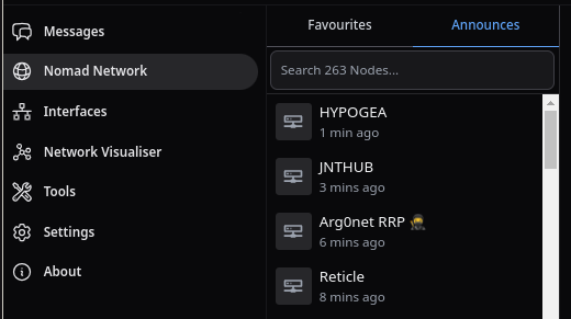 A screenshot of meshchat showing the announces tab for Nomad Network